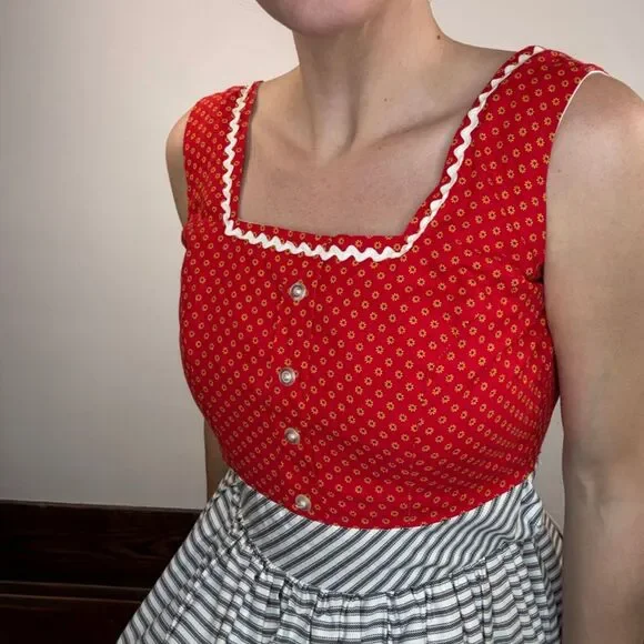 Vintage Handmade Prairie Tiered Cotton Dress / Ric-Rac, Fitted Folk Cottagecore - Picture 2 of 14